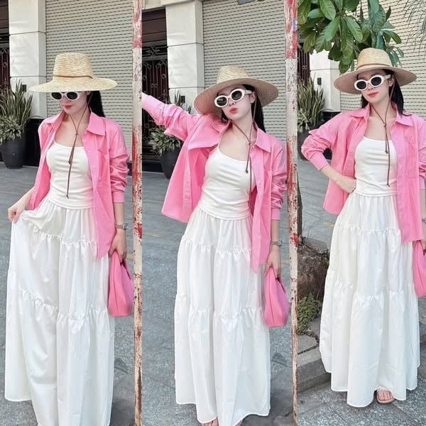 VGU0149-Set 3 món (áo sơ mi hồng, áo thun 2dây, CV dài Trắng)