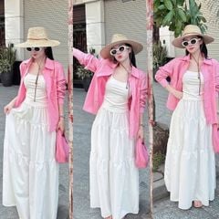 VGU0149-Set 3 món (áo sơ mi hồng, áo thun 2dây, CV dài Trắng)