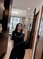 VRA0588-Set thể thao áo+quần thêu chữ phối sọc Đen