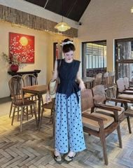 KS5109-Set áo xanh đen sát nách viền ren, quần chấm bi Xanh