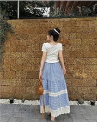 KS0669-Set áo thun trắng thêu miumiu, CV caro phối ren Xanh (kèm dây cột tóc)