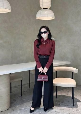SKY8165-Set công sở áo sơ mi đỏ, quần suông Đen