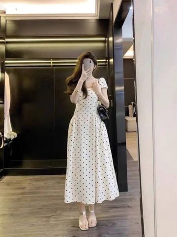 TB5723-Đầm dài họa tiết chấm bị Kem