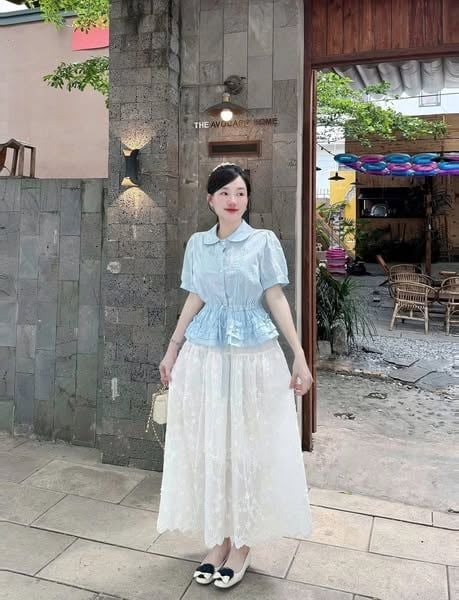 KS0662-Set áo cổ sen thêu nơ nhúng bèo, CV thêu hoa nổi CC