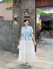 KS0662-Set áo cổ sen thêu nơ nhúng bèo, CV thêu hoa nổi CC