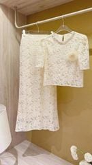 TQ1782-Set ren hoa CC áo viền cổ đính đá, CV dài Kem