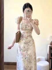 KS0676-Đầm xô thêu họa tiết hoa Kem