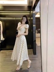 TB5723-Đầm dài họa tiết chấm bị Kem