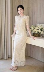 TQ1782-Set ren hoa CC áo viền cổ đính đá, CV dài Kem