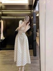 TB5723-Đầm dài họa tiết chấm bị Kem