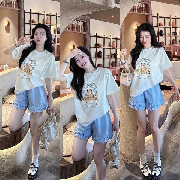 TQ4221 - Set Áo Thun In Hình - Quần Short Xanh