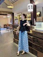 KS5109-Set áo xanh đen sát nách viền ren, quần chấm bi Xanh