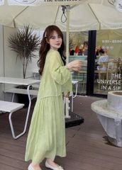 KS0670-Set tơ họa tiết in hoa áo cột nơ, CV dài  Xanh