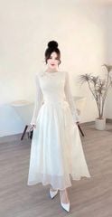 SKY8152-Đầm tay dài phối tùng đính hoa Kem