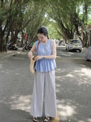 KS0678-Set áo babydoll cột nơ sau lưng, quần dài sọc