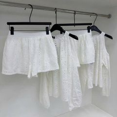 KS0679-Set kate thêu áo cổ yếm hở vai, quần short Trắng