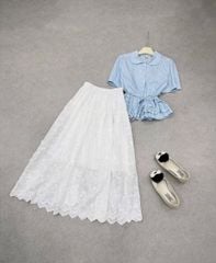 KS0662-Set áo cổ sen thêu nơ nhúng bèo, CV thêu hoa nổi CC