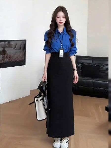 TB8216-Set công sở, áo sơ mi xanh+CV bút chì Đen