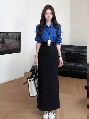 TB8216-Set công sở, áo sơ mi xanh+CV bút chì Đen