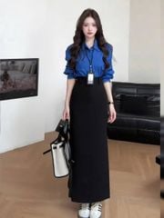 TB8216-Set công sở, áo sơ mi xanh+CV bút chì Đen