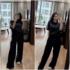 VRA0588-Set thể thao áo+quần thêu chữ phối sọc Đen