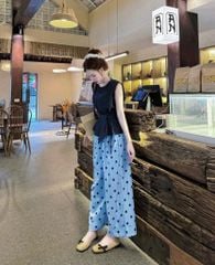 KS5109-Set áo xanh đen sát nách viền ren, quần chấm bi Xanh