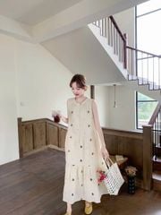 VGU0166-Đầm suông phối nút thêu hoa Kem
