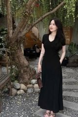 KS0682-Đầm thun body cổ tim Nâu