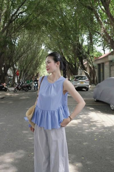 KS0678-Set áo babydoll cột nơ sau lưng, quần dài sọc