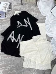 KS5107-Set áo thun đen, CV ren dài Kem