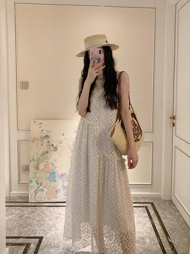 KS0705-Đầm suông phối lưới thêu Kem