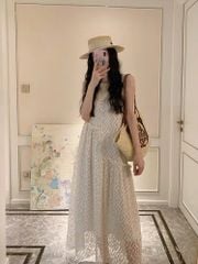 KS0705-Đầm suông phối lưới thêu Kem
