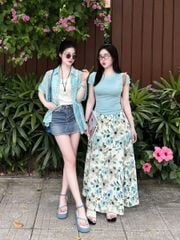 KS5105-Set áo thun vàng, CV hoa Nâu