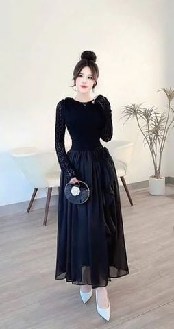 SKY8151-Đầm tay dài phối tùng đính hoa Đen
