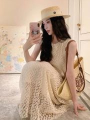 KS0705-Đầm suông phối lưới thêu Kem