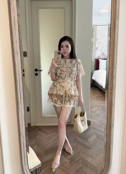 VRA0604-Set ren hoa CC, áo cột nơ+quần short