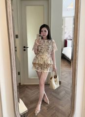 VRA0604-Set ren hoa CC, áo cột nơ+quần short