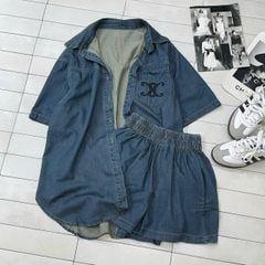 TB8133-Set jean, áo sơ mi phối thúi thêu logo+quần short X.Nhạt (2 món)