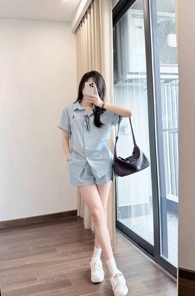 TQ4210-Set áo sơ mi tay ngắn thêu ngựa, quần short Kem
