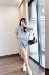 TQ4210-Set áo sơ mi tay ngắn thêu ngựa, quần short Kem