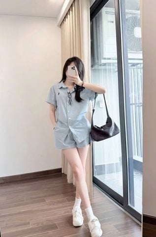 TQ4209-Set áo sơ mi tay ngắn thêu ngựa, quần short Xanh