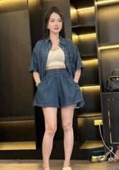 TB8133-Set jean, áo sơ mi phối thúi thêu logo+quần short X.Nhạt (2 món)