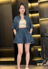 TB8132-Set jean, áo sơ mi phối thúi thêu logo+quần short X.Đậm (2 món)