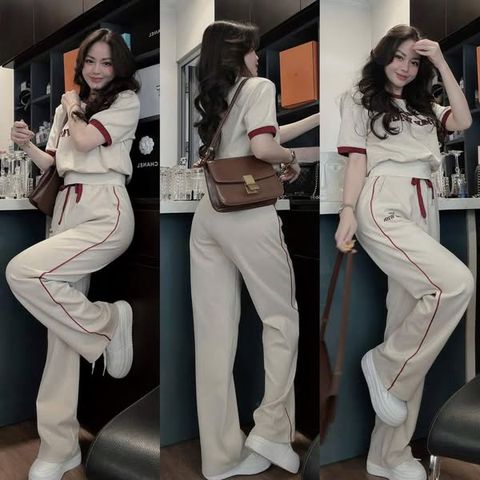 TB8227-Set áo thêu chữ, quần dài phối viền Kem