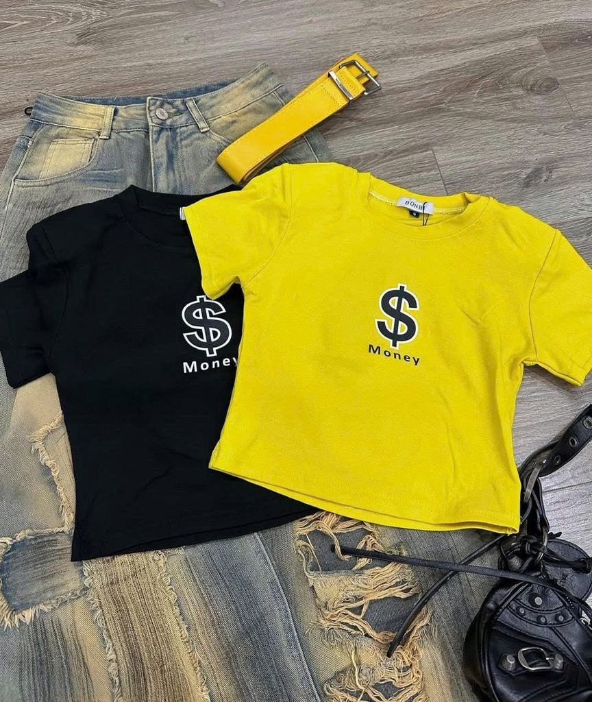 TQ4243-Áo thun croptop in chữ  Vàng Bơ (áo lẻ)