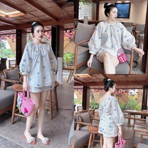 TQ4235-Set áo kiểu tay lỡ, quần short thêu hoa Trắng