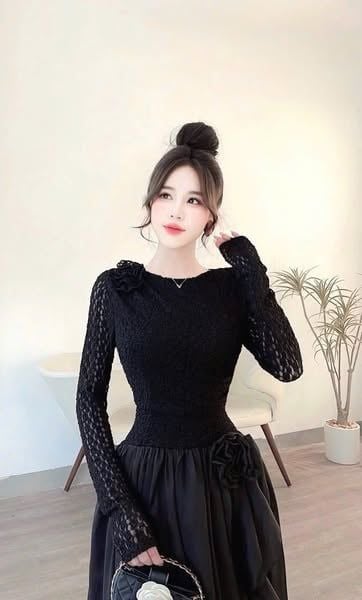 SKY8151-Đầm tay dài phối tùng đính hoa Đen