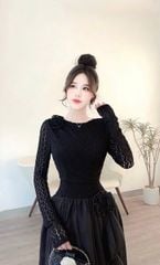 SKY8151-Đầm tay dài phối tùng đính hoa Đen