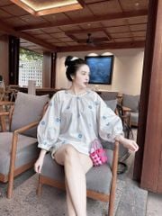 TQ4235-Set áo kiểu tay lỡ, quần short thêu hoa Trắng