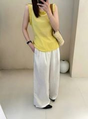 VGU0225-Set áo vàng cổ và tay nhúng bèo, quần dài Kem (kèm dây cột eo)